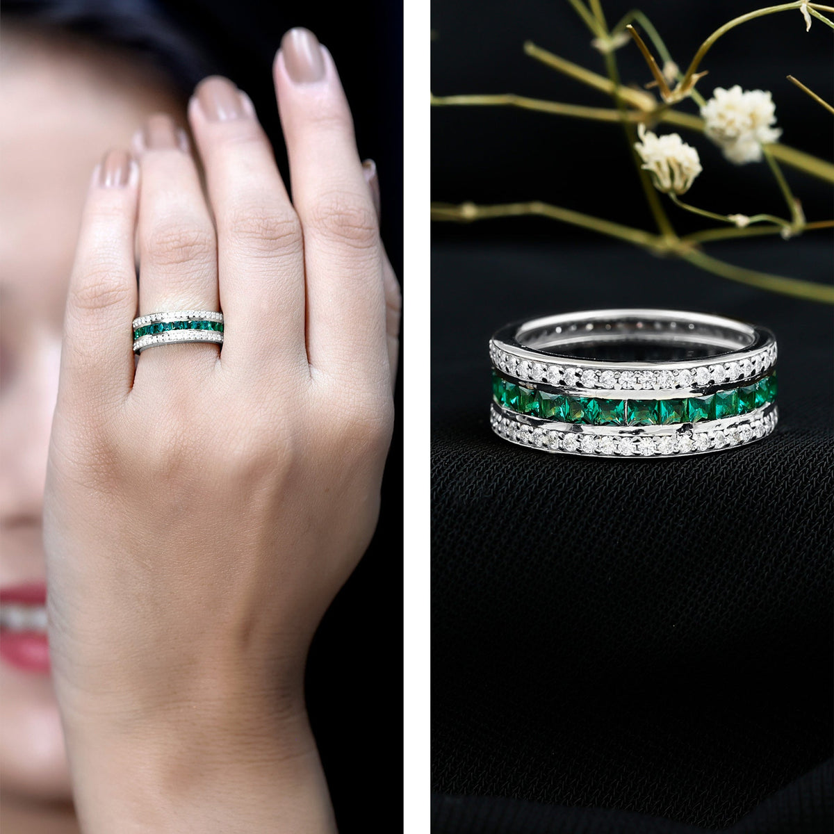 Certified Lab Grown Emerald 3 Row Eternity Wedding Band