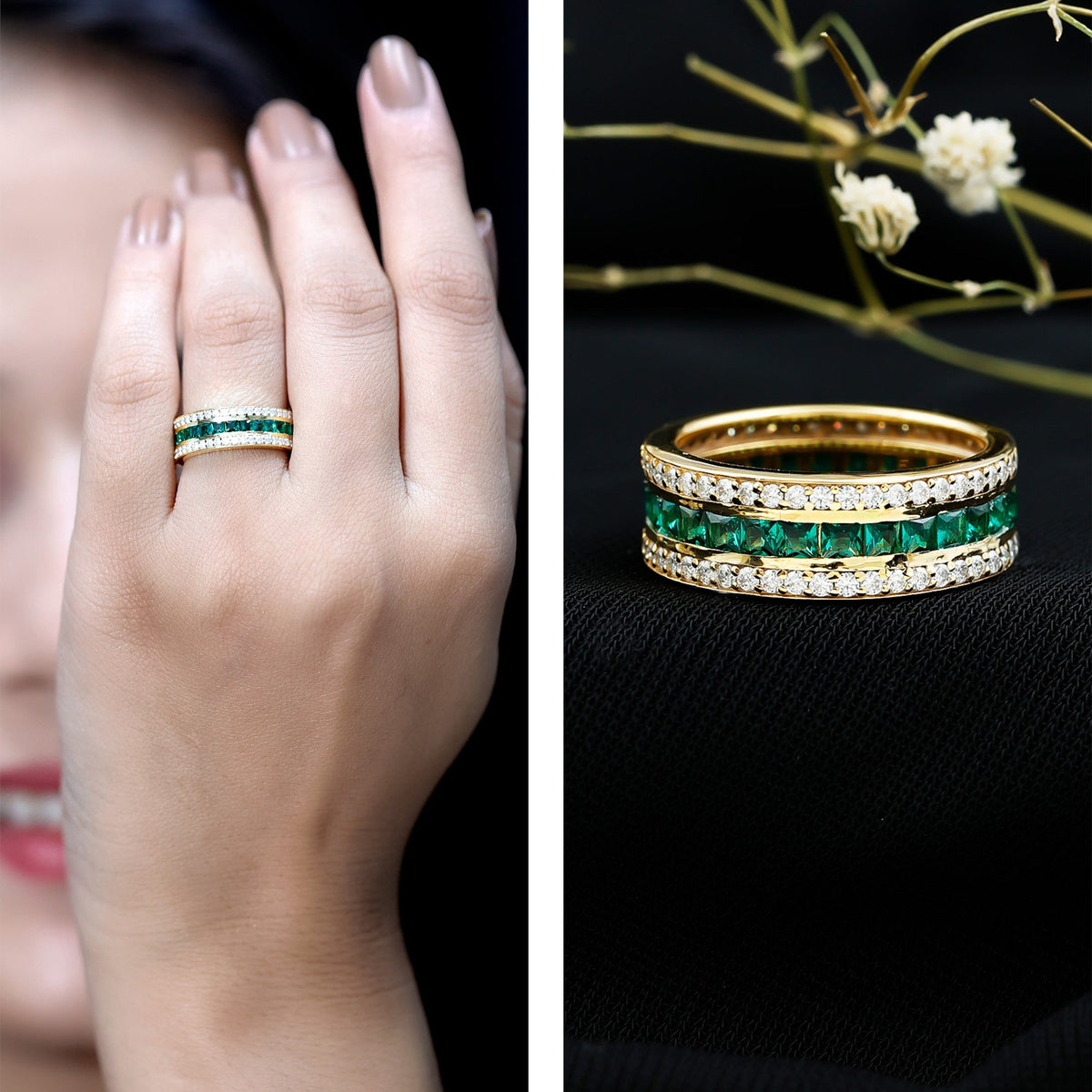 Certified Lab Grown Emerald 3 Row Eternity Wedding Band