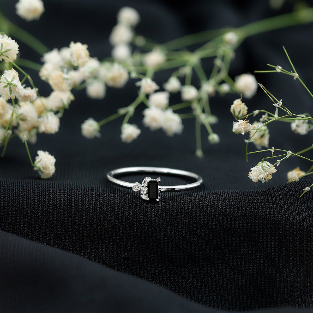 Black Spinel and Diamond Dainty Promise Ring for Her