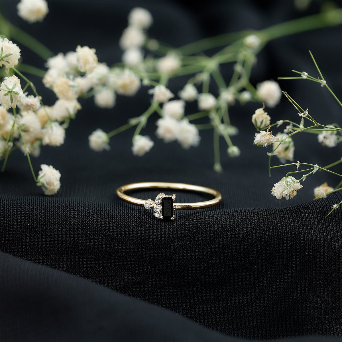 Black Spinel and Diamond Dainty Promise Ring for Her
