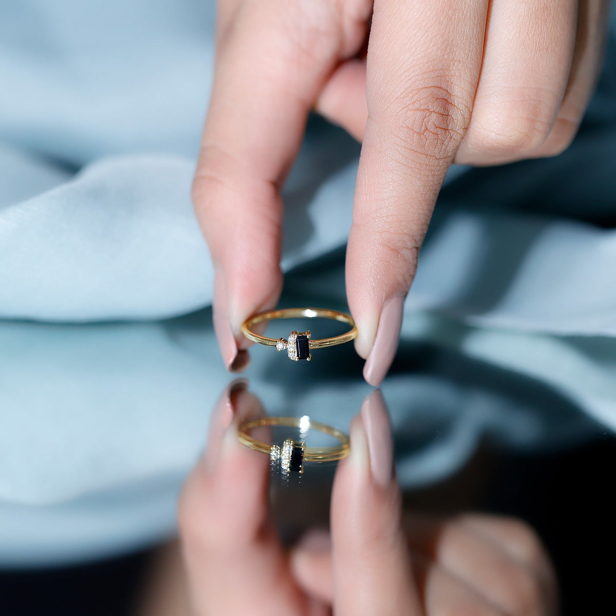 Black Spinel and Diamond Dainty Promise Ring for Her