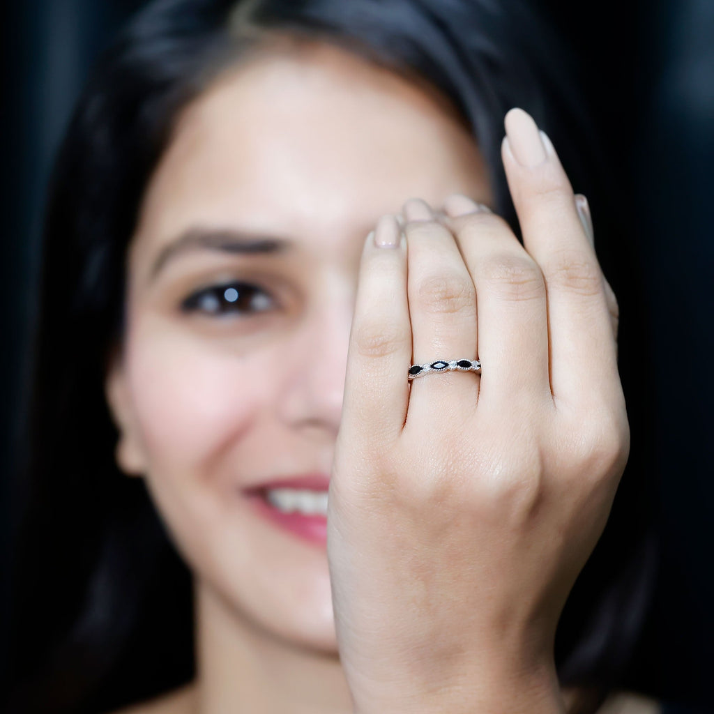 Natural Marquise Cut Black Onyx Half Eternity Band in Silver