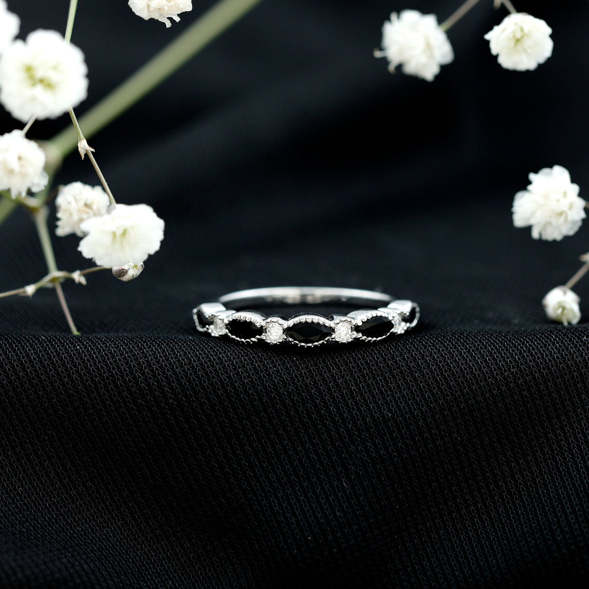 Natural Marquise Cut Black Onyx Half Eternity Band in Silver