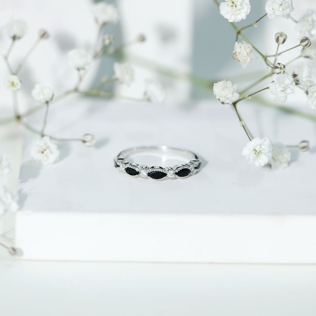 Natural Marquise Cut Black Onyx Half Eternity Band in Silver