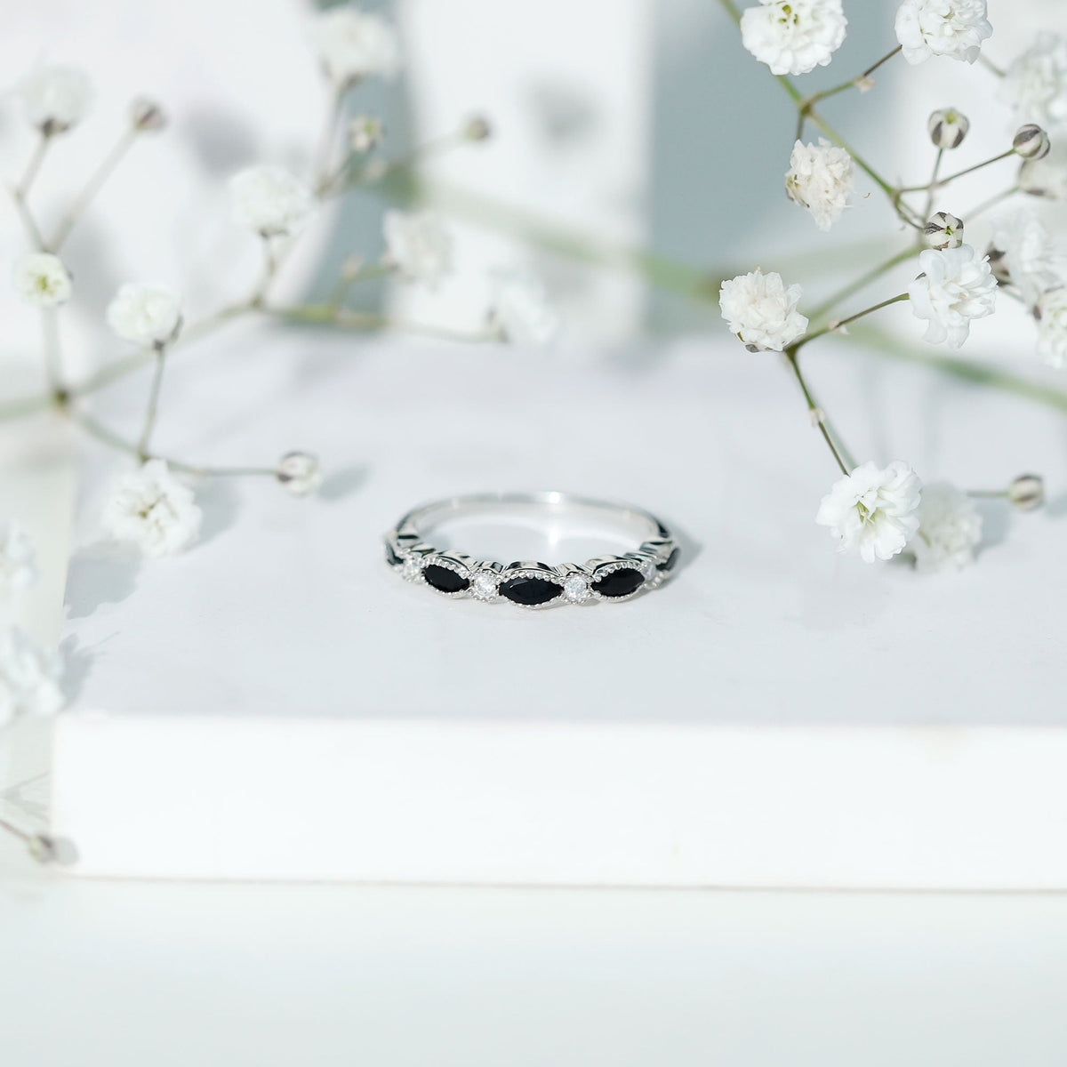Natural Marquise Cut Black Onyx Half Eternity Band in Silver
