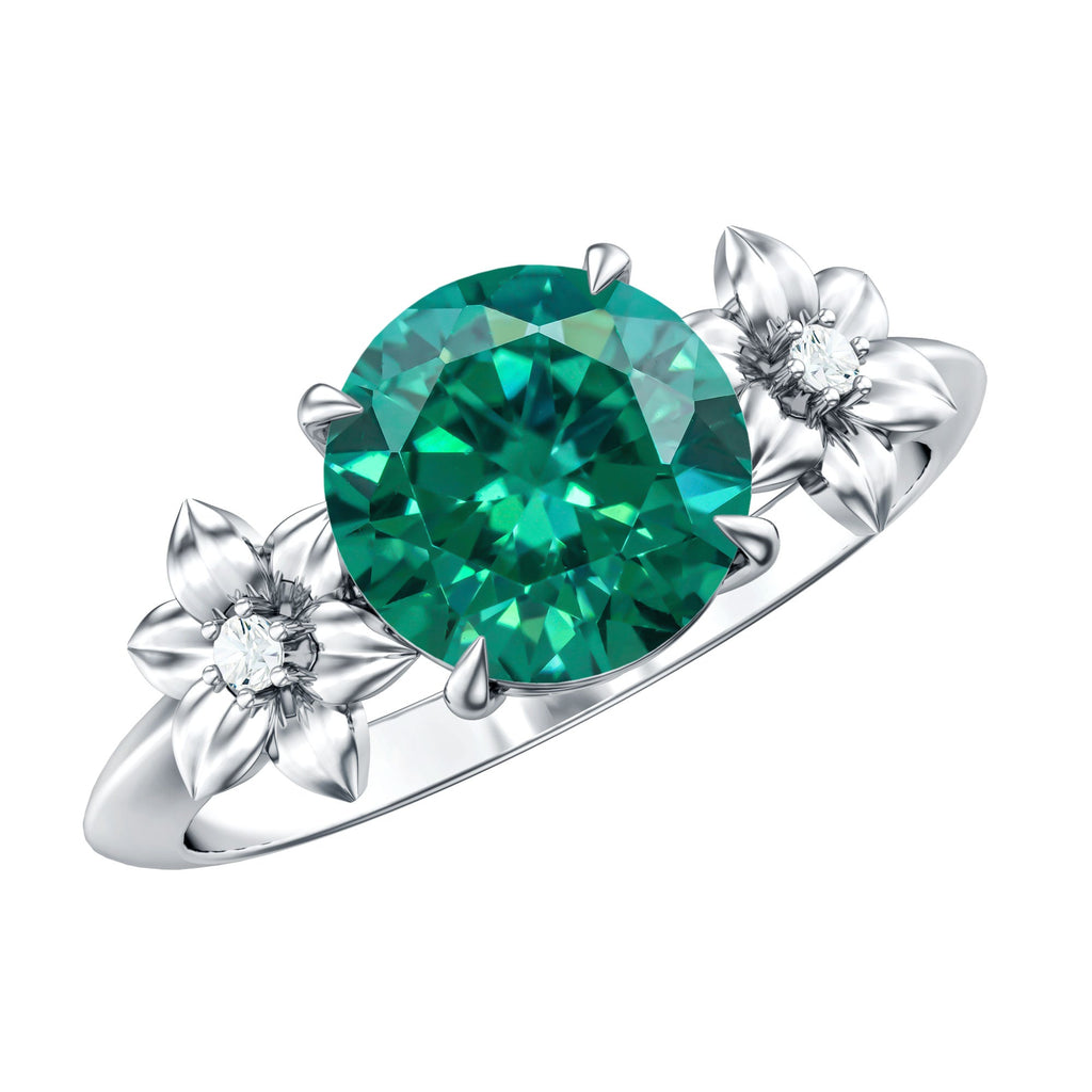 Certified Lab Grown Emerald Flower Engagement Ring with Diamond