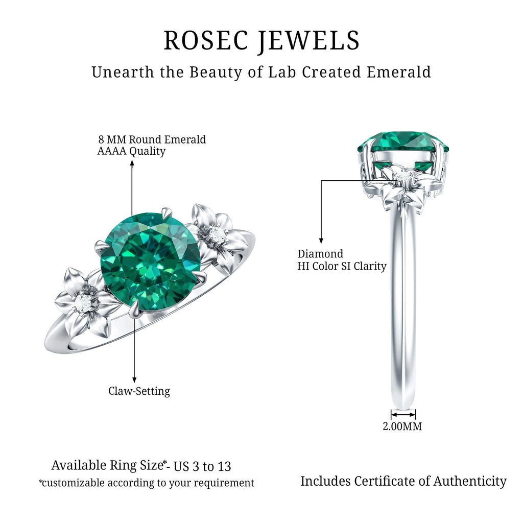 Certified Lab Grown Emerald Flower Engagement Ring with Diamond