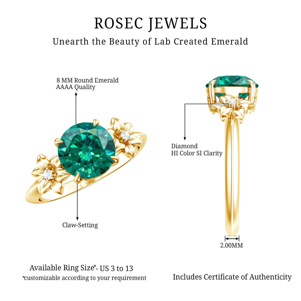 Certified Lab Grown Emerald Flower Engagement Ring with Diamond