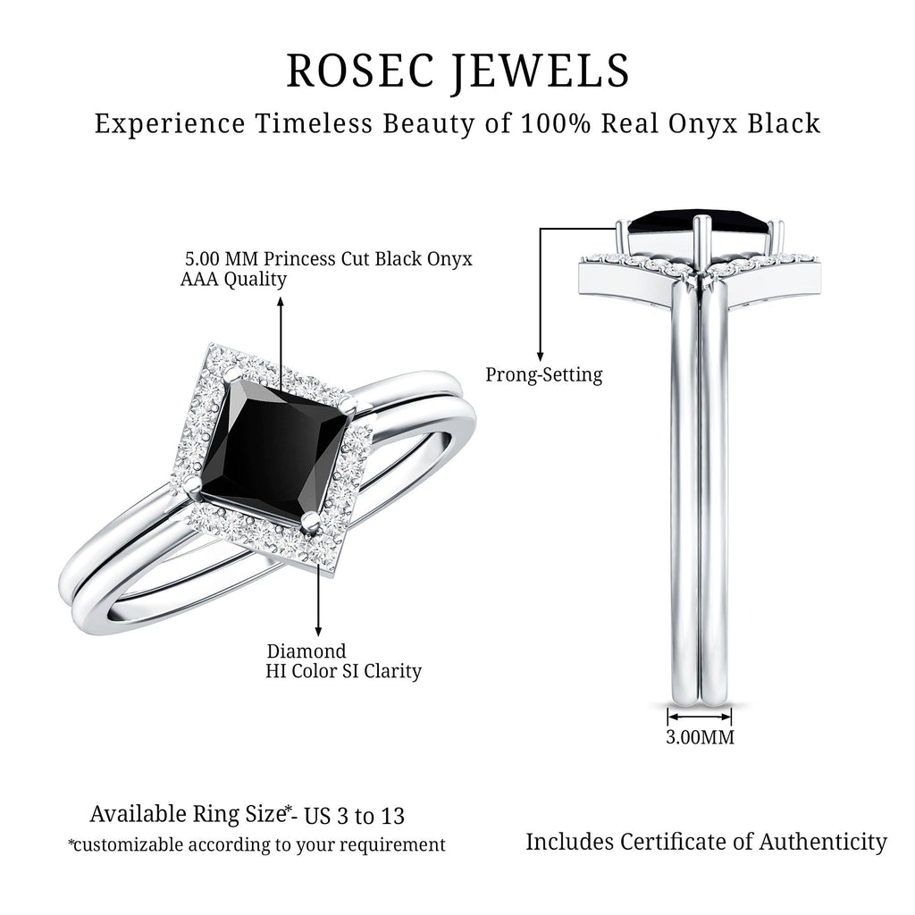 Real Black Onyx and Diamond Princess Cut Engagement Ring With Ring Guard