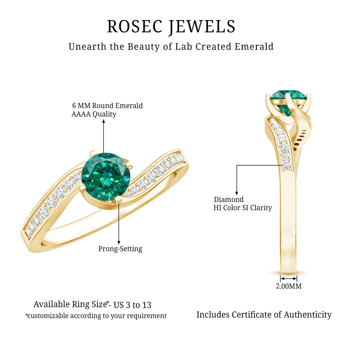 Certified 0.8 Carat Lab Grown Emerald Diamond Bypass Engagement Ring