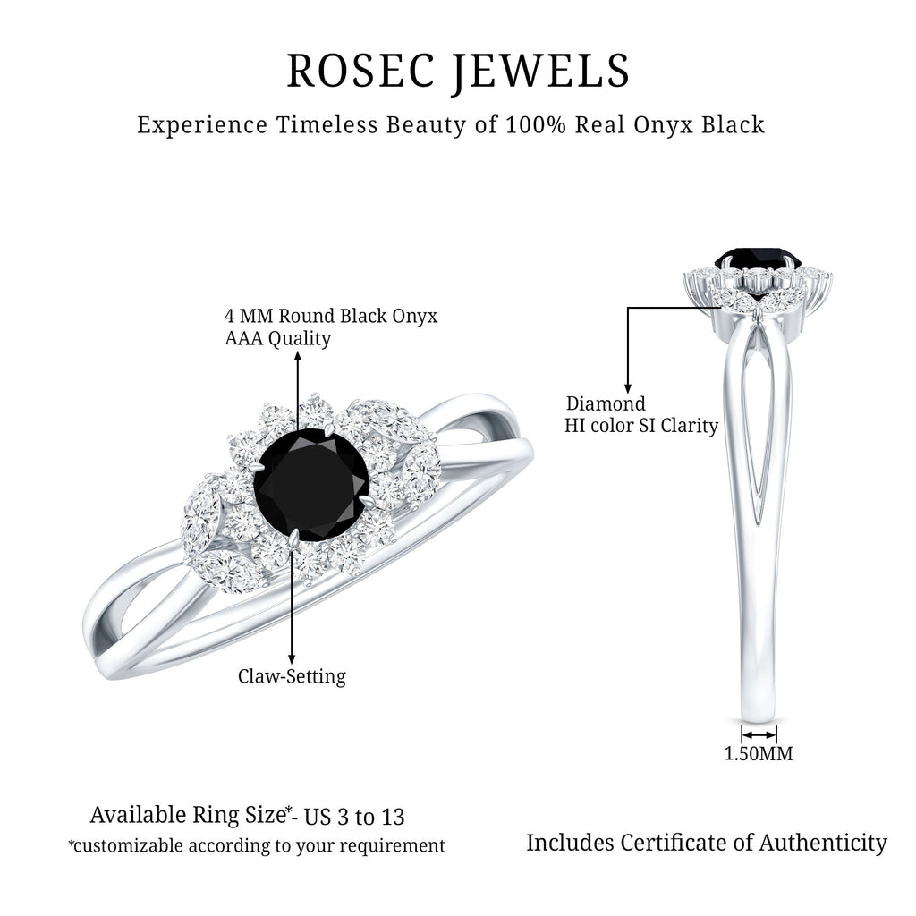 Natural Black Onyx and Diamond Flower Engagement Ring