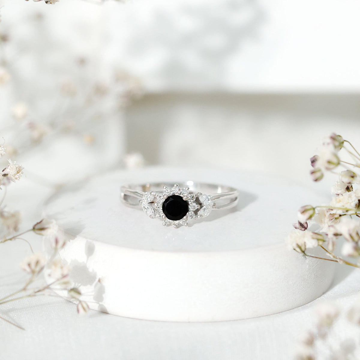 Natural Black Onyx and Diamond Flower Engagement Ring