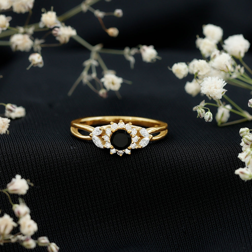 Natural Black Onyx and Diamond Flower Engagement Ring