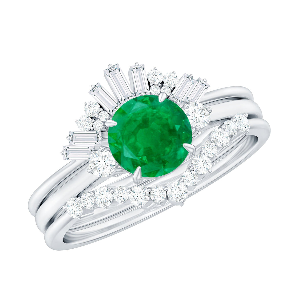 Vintage Inspired 0.4 Carat Emerald Diamond Wedding Bridal Ring Set of 3