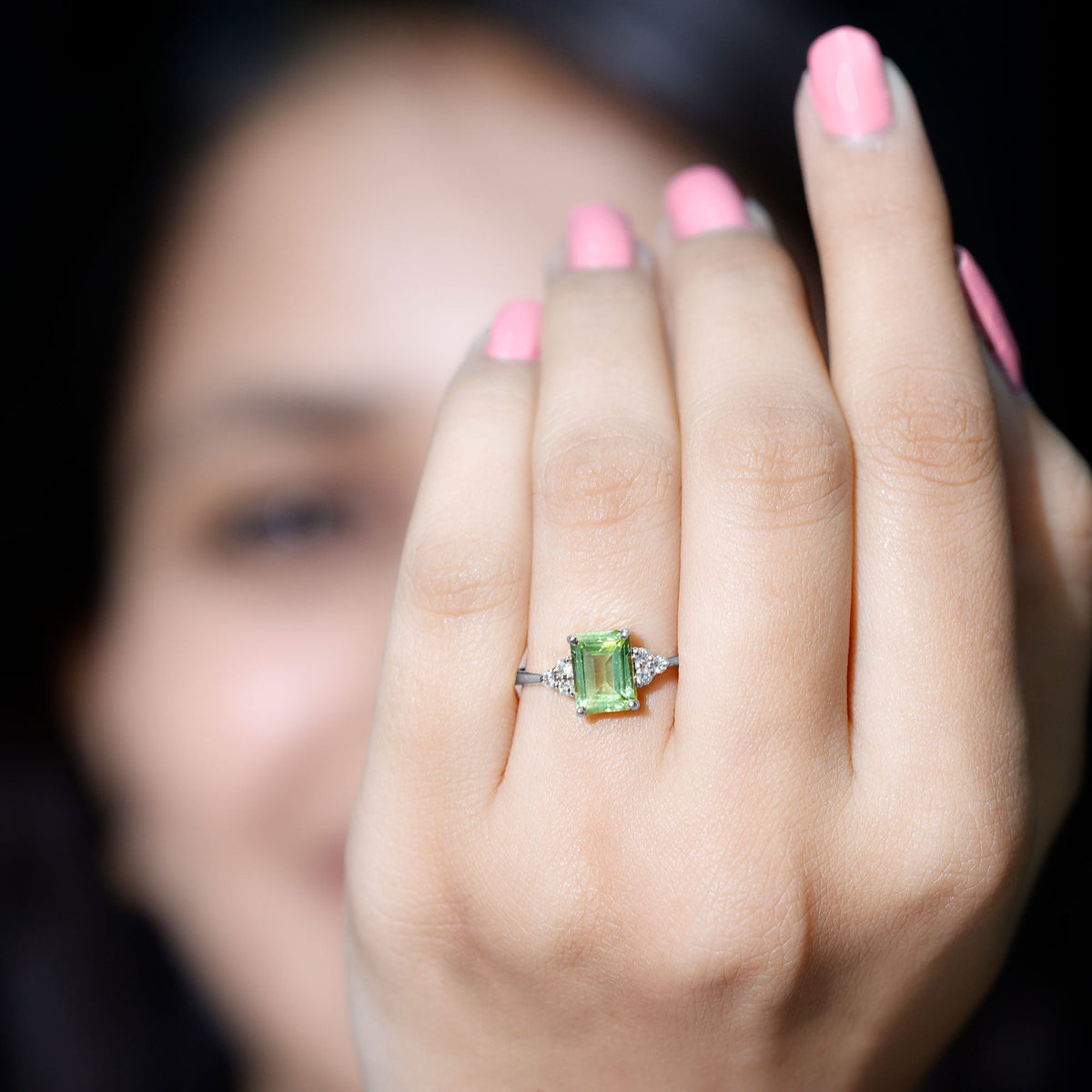 Emerald Cut Peridot Engagement Ring with Diamond Trio