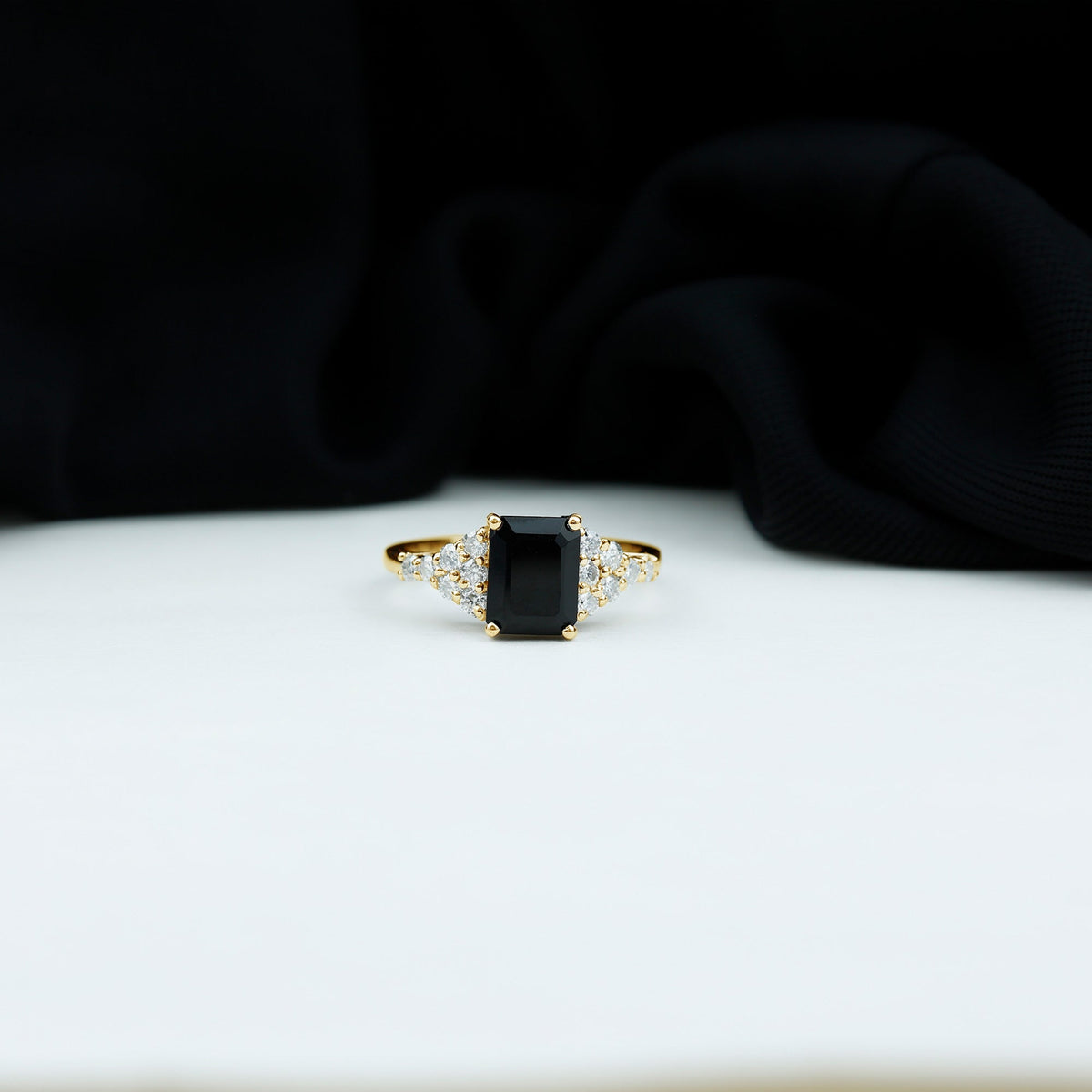 Certified 1.8 Carat Emerald Cut Black Onyx Engagement Ring with Diamonds