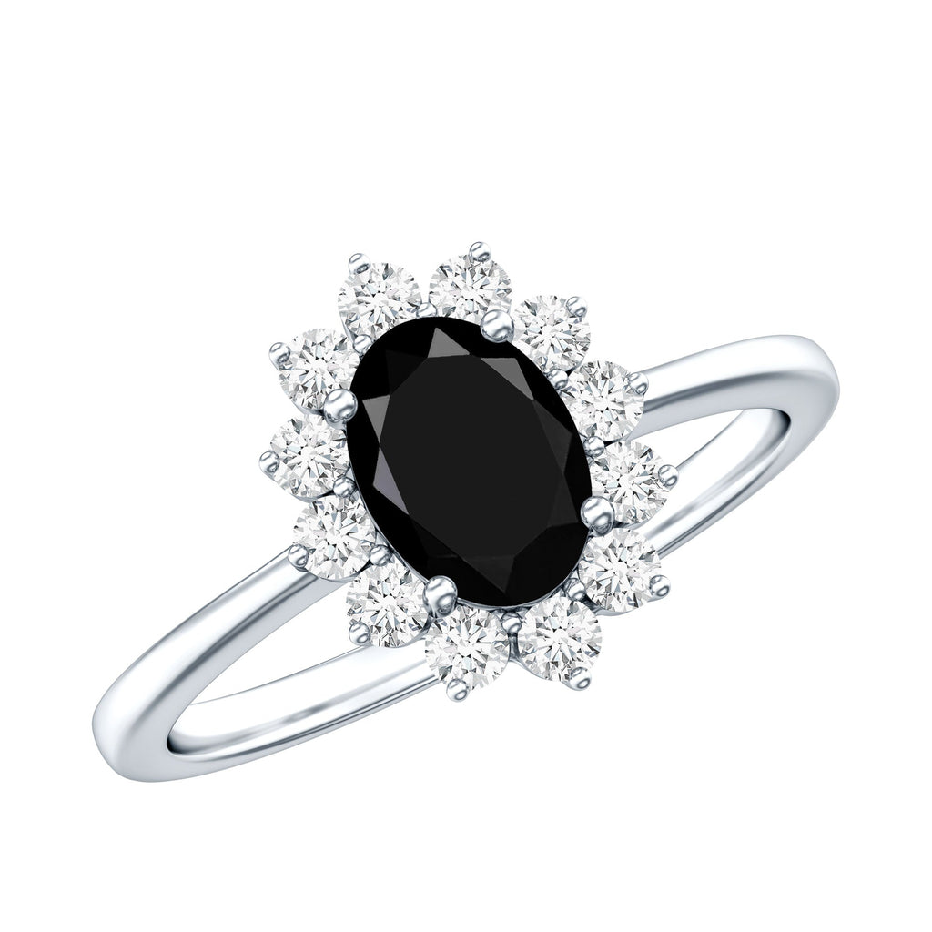 Oval Cut Real Black Onyx and Diamond Halo Engagement Ring