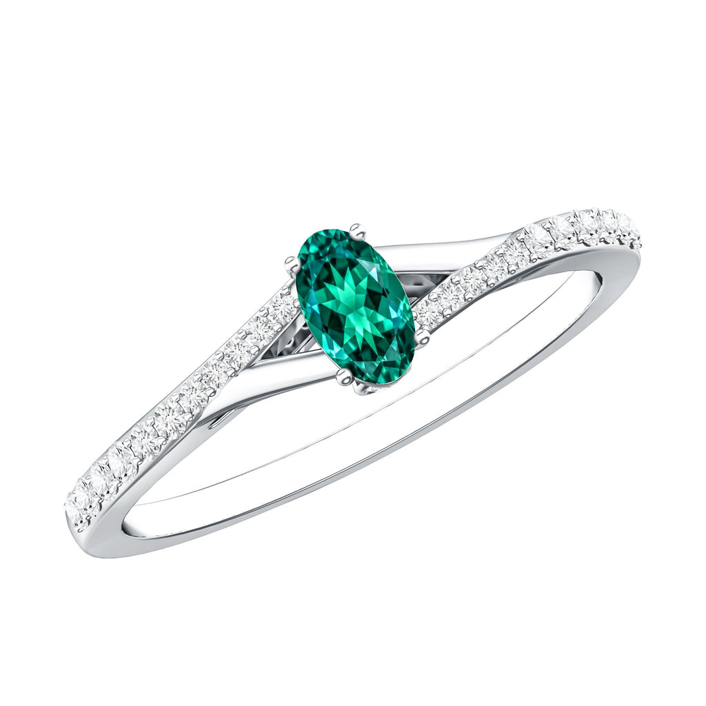 Oval Lab Grown Emerald Promise Ring with Diamond Split Shank