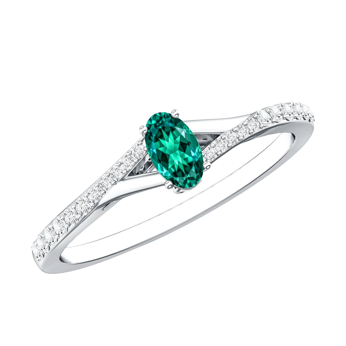 Oval Lab Grown Emerald Promise Ring with Diamond Split Shank