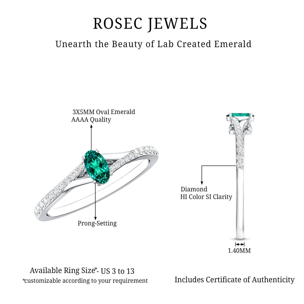 Oval Lab Grown Emerald Promise Ring with Diamond Split Shank
