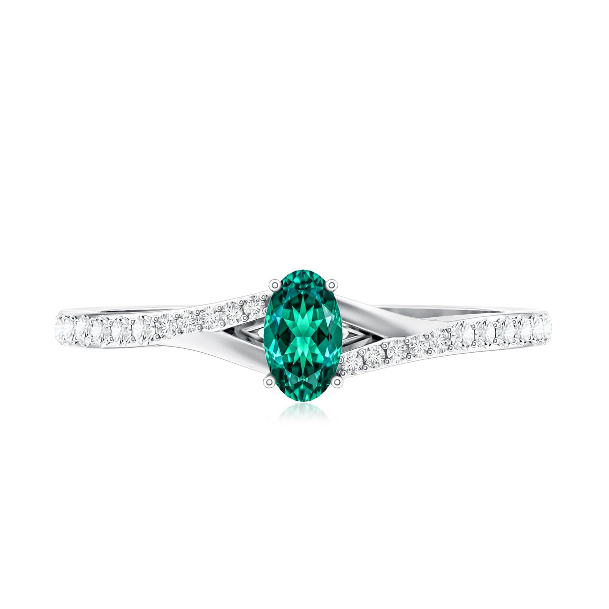 Oval Lab Grown Emerald Promise Ring with Diamond Split Shank