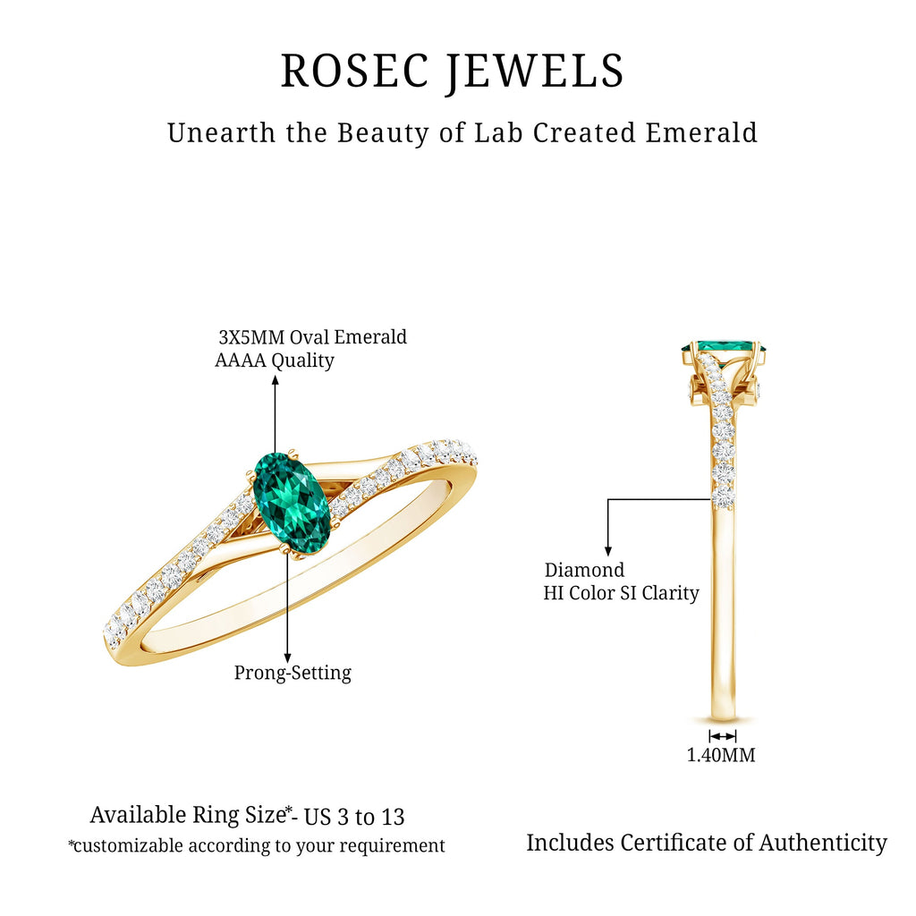 Oval Lab Grown Emerald Promise Ring with Diamond Split Shank