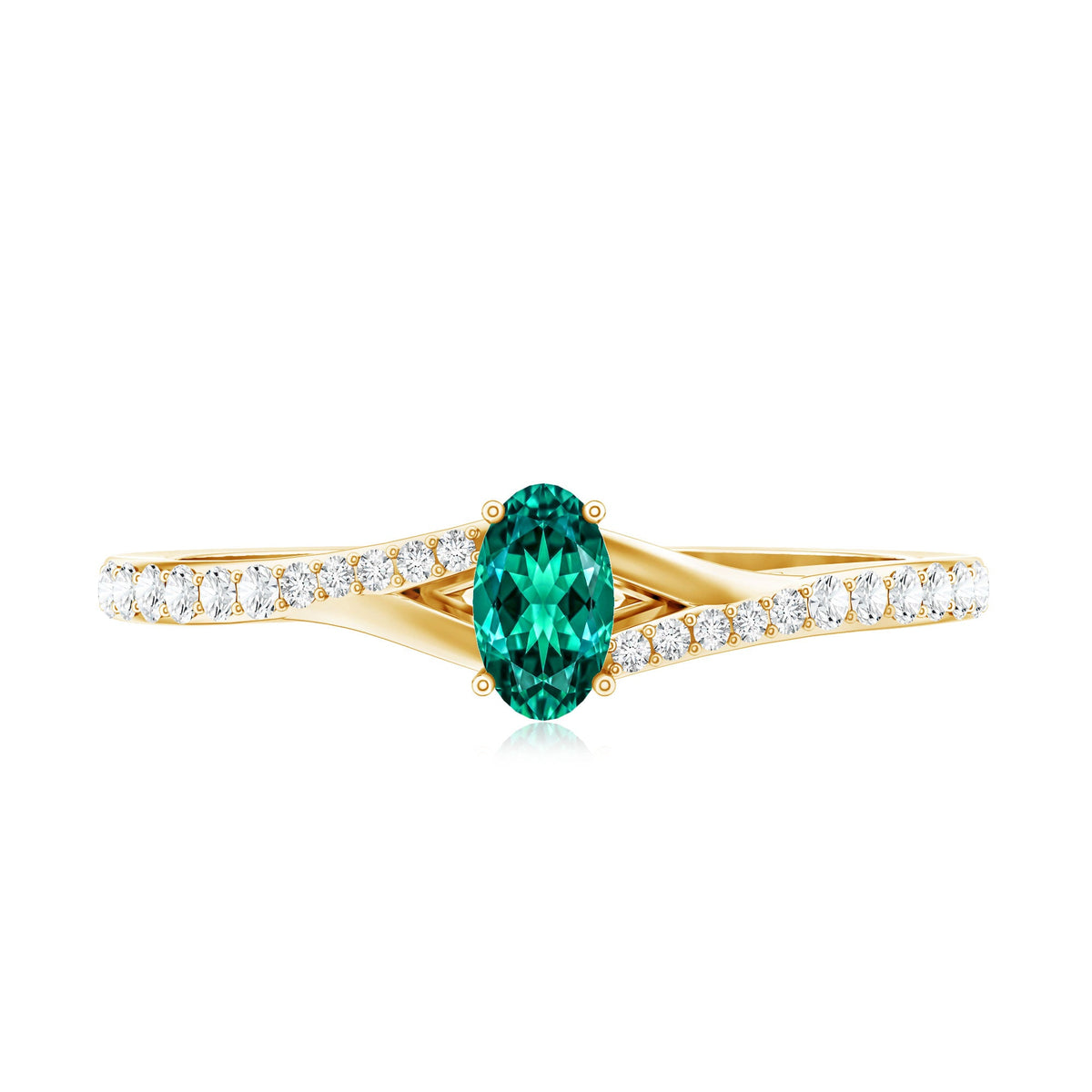 Oval Lab Grown Emerald Promise Ring with Diamond Split Shank