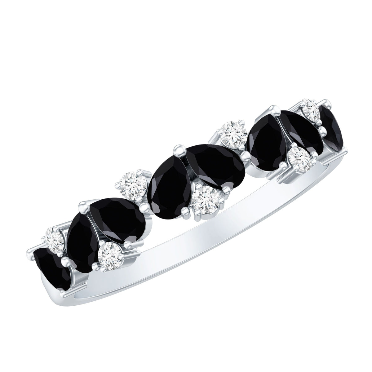 Natural Black Onyx and Diamond Half Eternity Band Ring