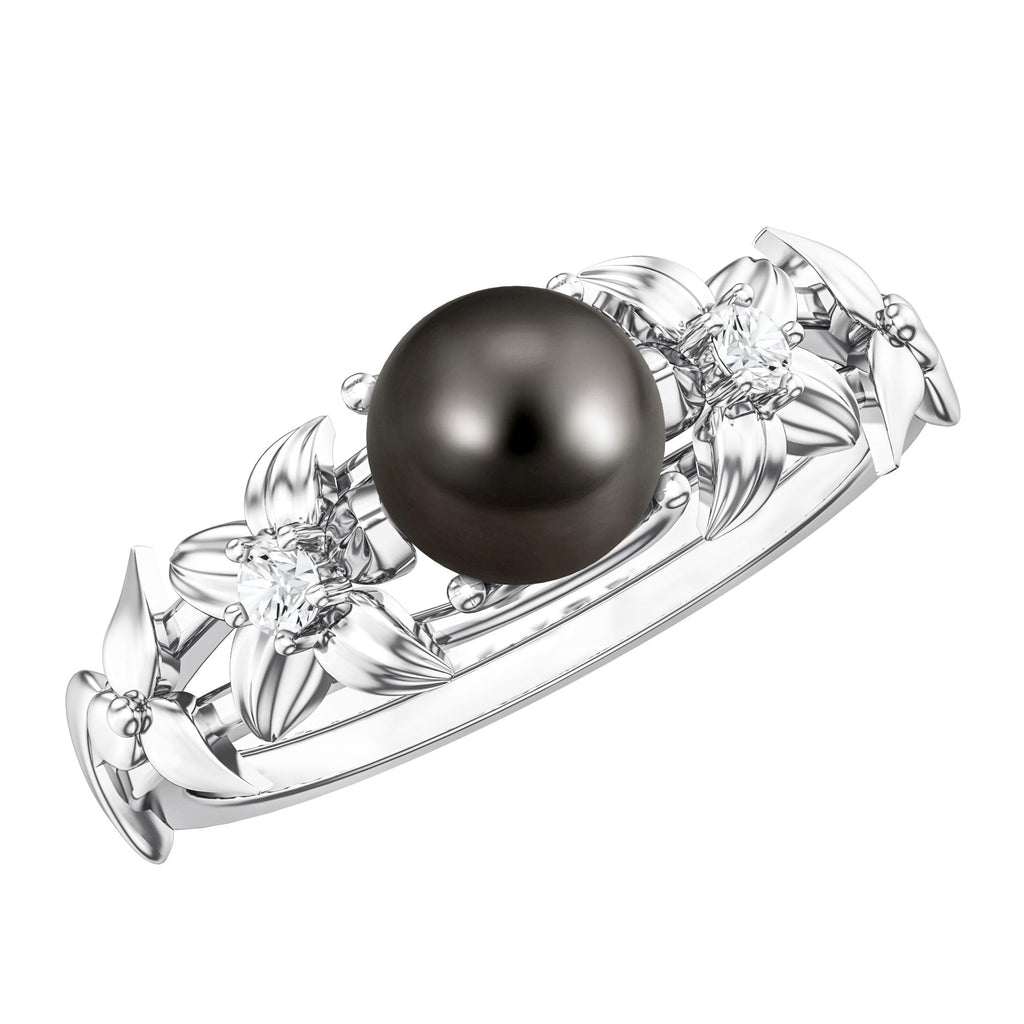 7.5 Carat Genuine Tahitian Black Pearl Flower Engagement Ring with Diamond