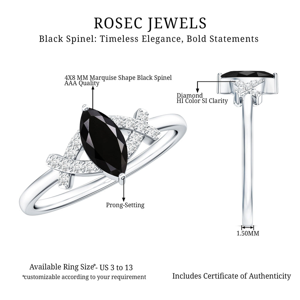 Natural Black Spinel Marquise Engagement Ring with Diamond