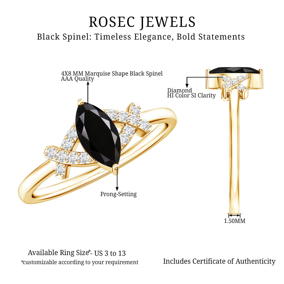 Natural Black Spinel Marquise Engagement Ring with Diamond