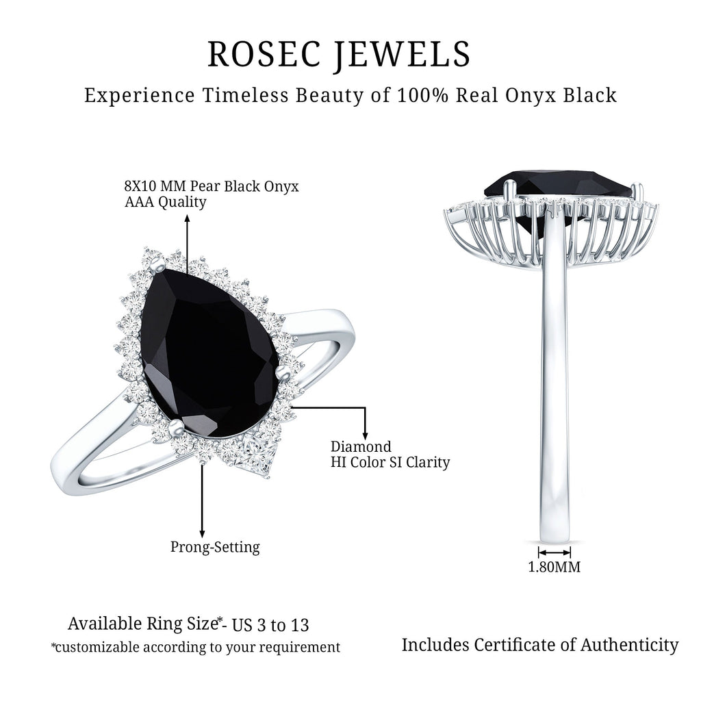 2 Carat Pear Shaped Black Onyx Engagement Ring with Diamond Halo