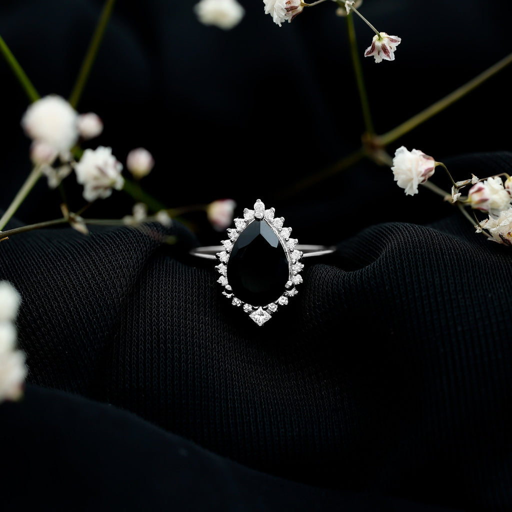 2 Carat Pear Shaped Black Onyx Engagement Ring with Diamond Halo