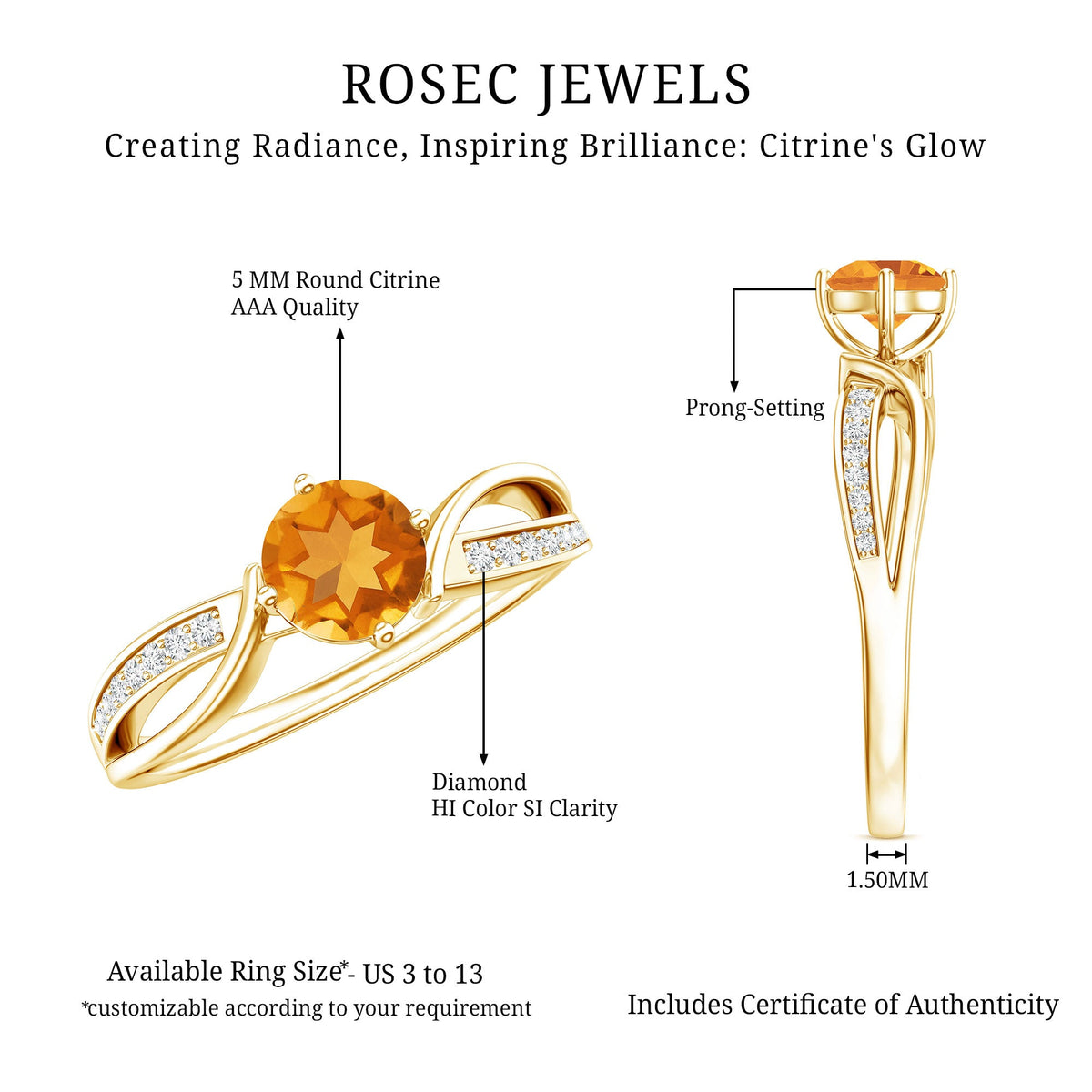 Natural Citrine Engagement Ring with Diamond Crossover Shank
