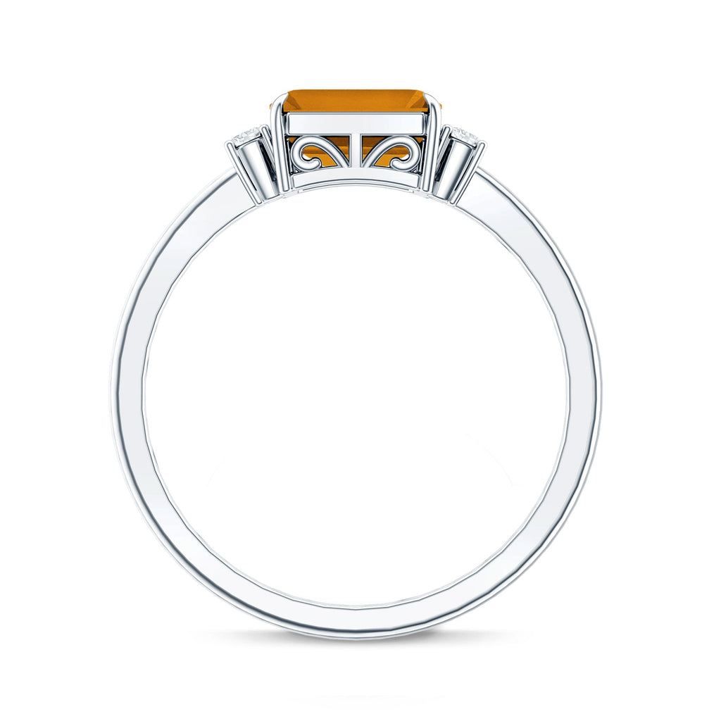 Natural Emerald Cut Citrine East West Engagement Ring with Diamond