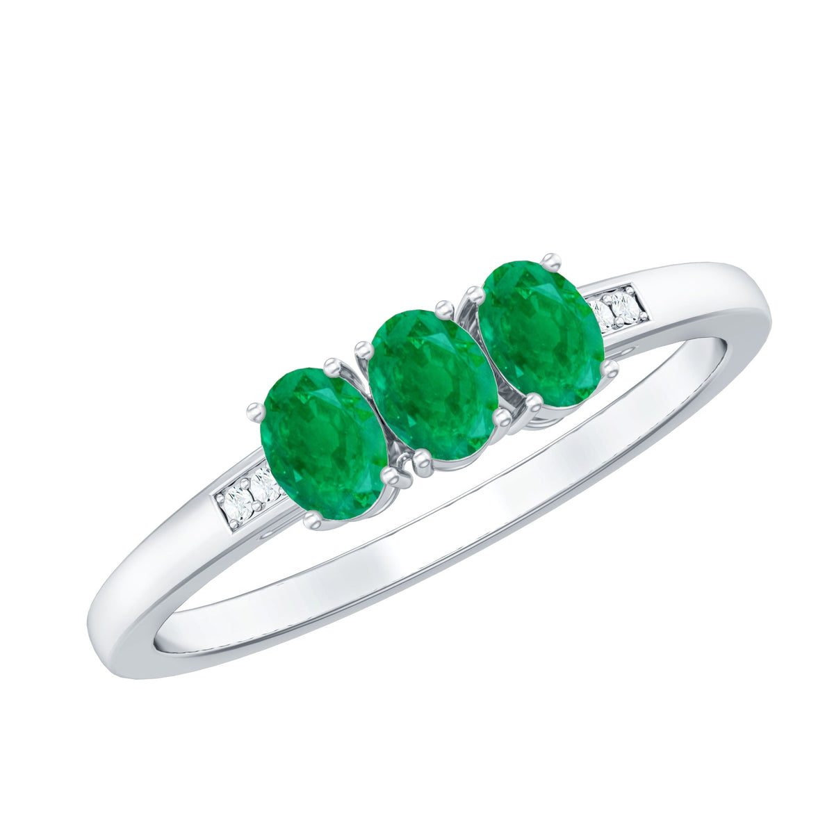Certified Real Oval Emerald Three Stone Promise Ring with Diamond
