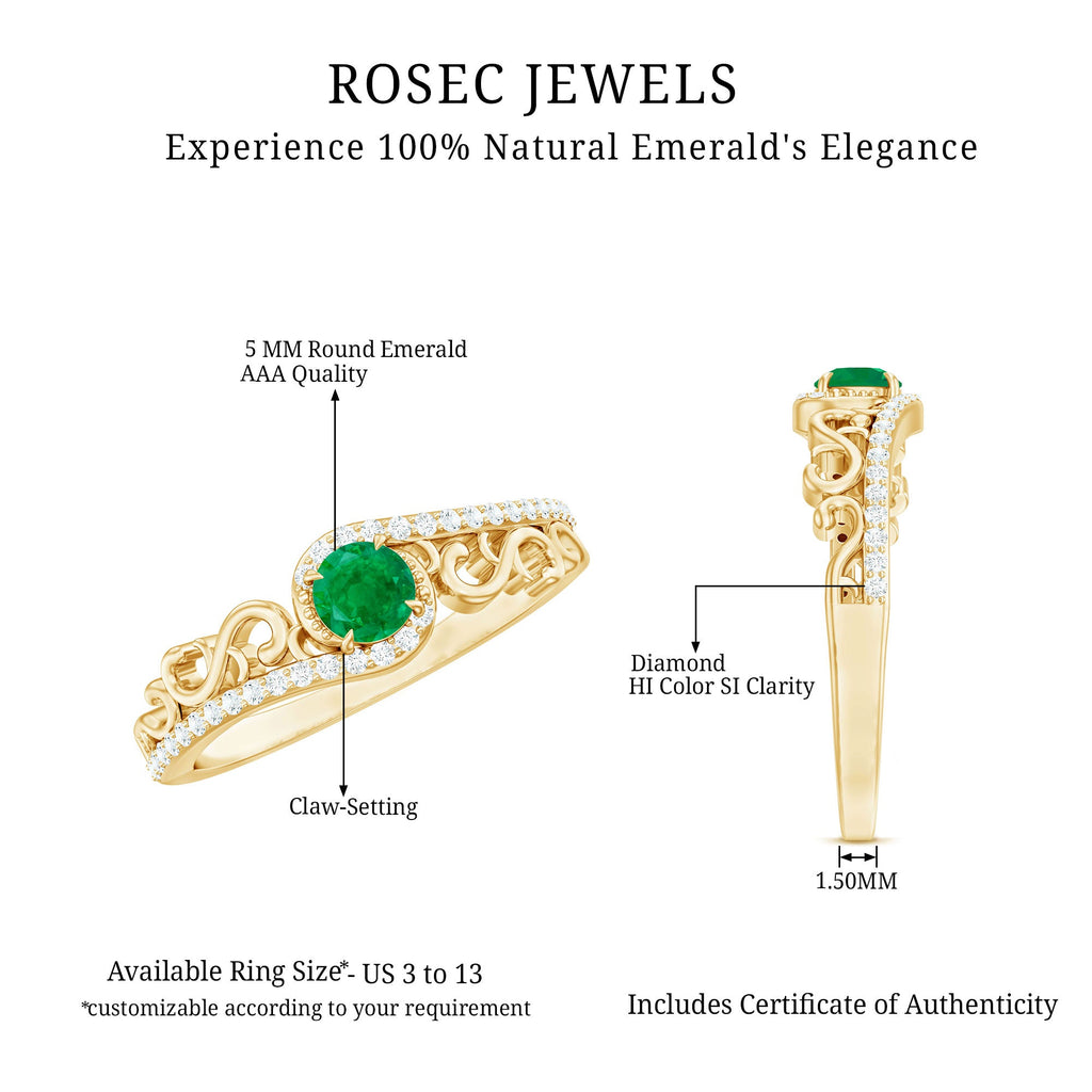 Vintage Emerald Engagement Ring with Diamond Bypass Shank