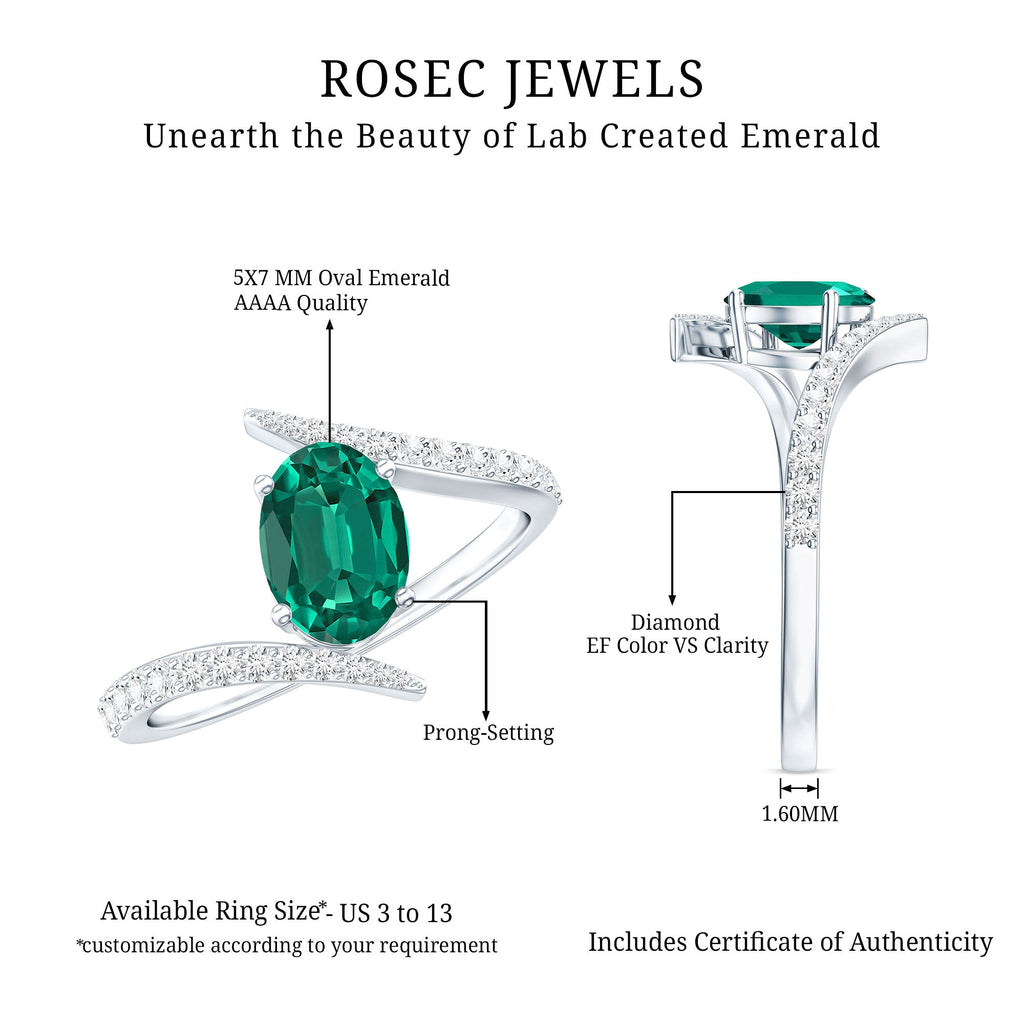 Certified 0.8 Carat Oval Cut Lab Grown Emerald Engagement Ring with Diamond Bypass Shank