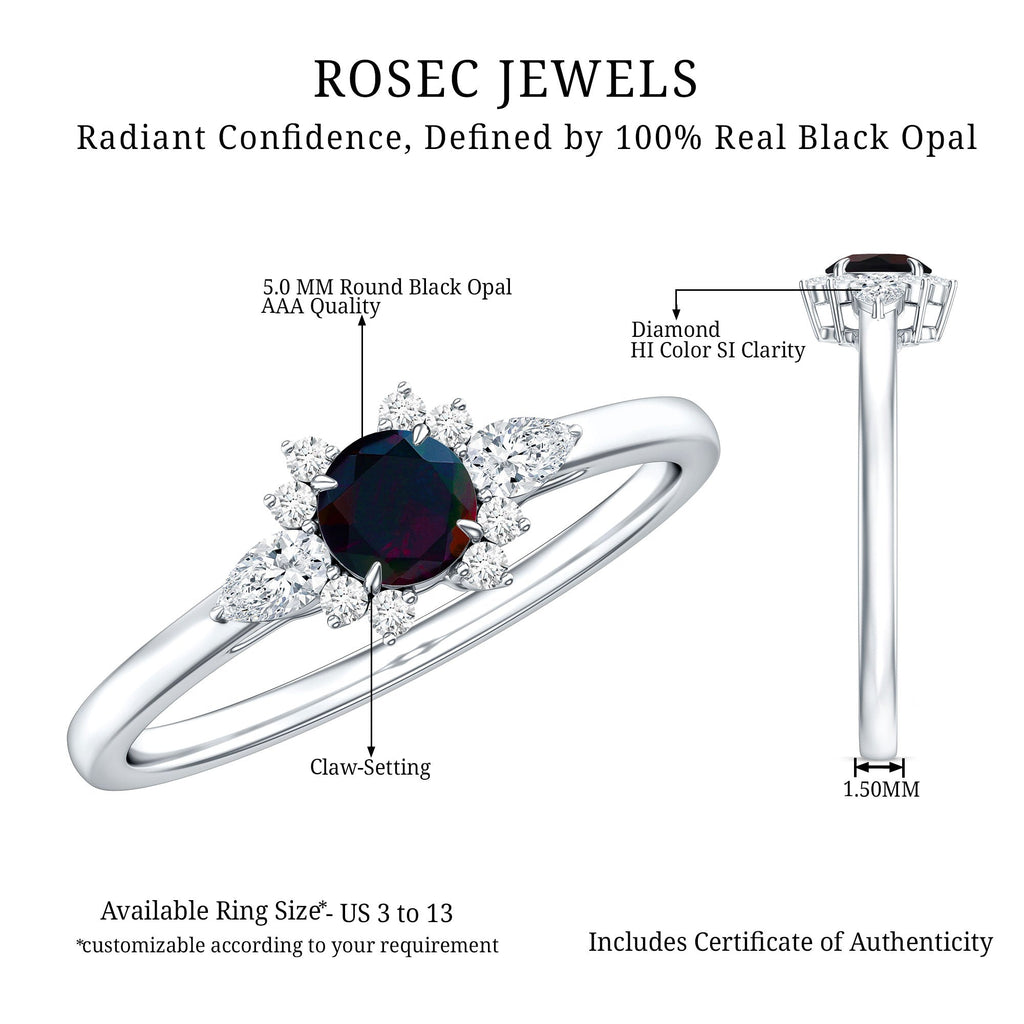 Claw Set Round Black Opal and Diamond Promise Ring
