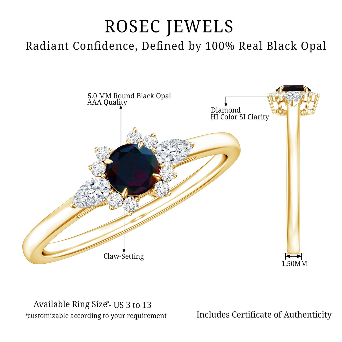 Claw Set Round Black Opal and Diamond Promise Ring
