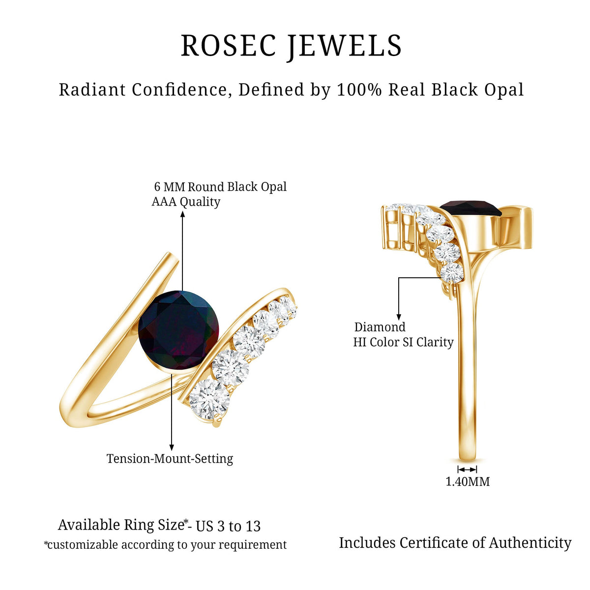 Round Black Opal Solitaire Bypass Ring with Diamond
