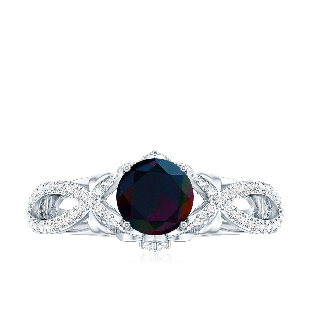 Natural Black Opal Crossover Engagement Ring with Diamond