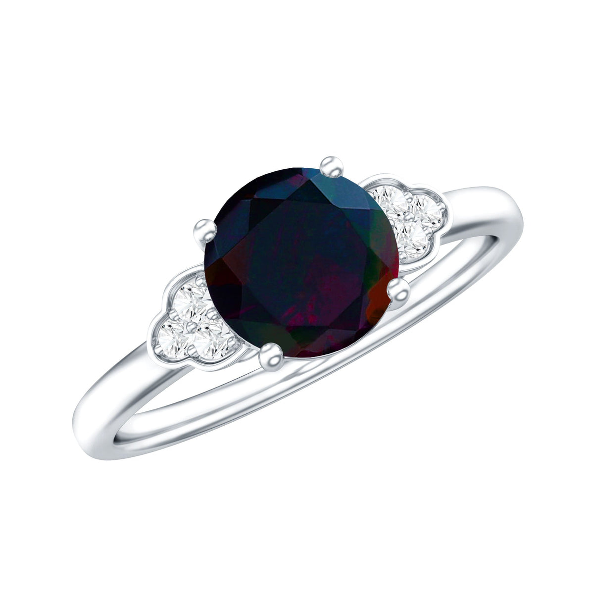 Real Black Opal Round Engagement Ring with Diamond Trio