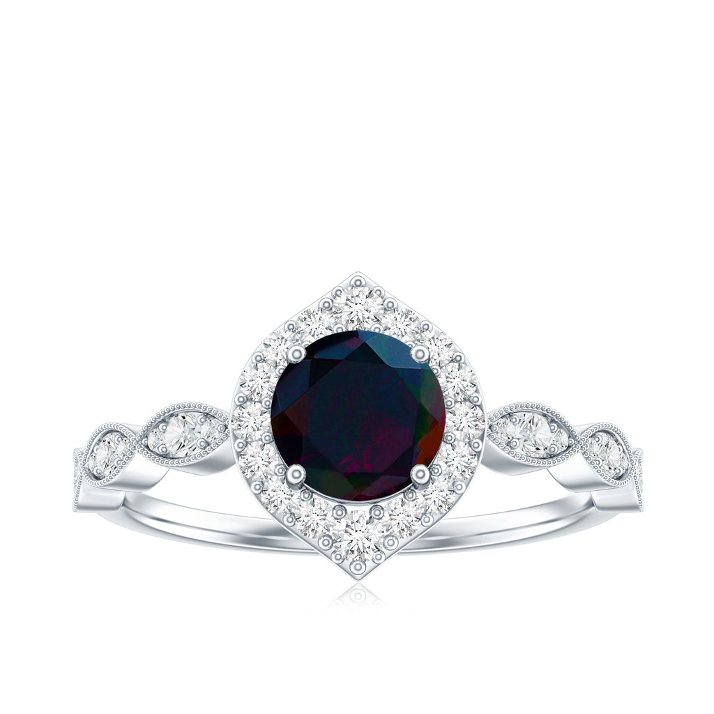 0.8 Carat Black Opal Vintage Engagement Ring with Diamond Accent