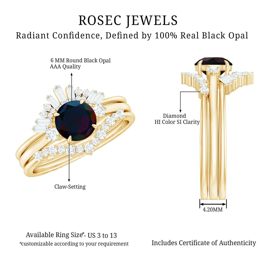 Black Opal Designer Trio Wedding Ring Set with Diamond