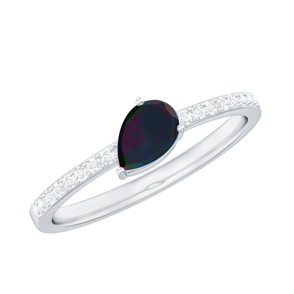 Pear Shape Black Opal Promise Ring with Diamond Side Stones