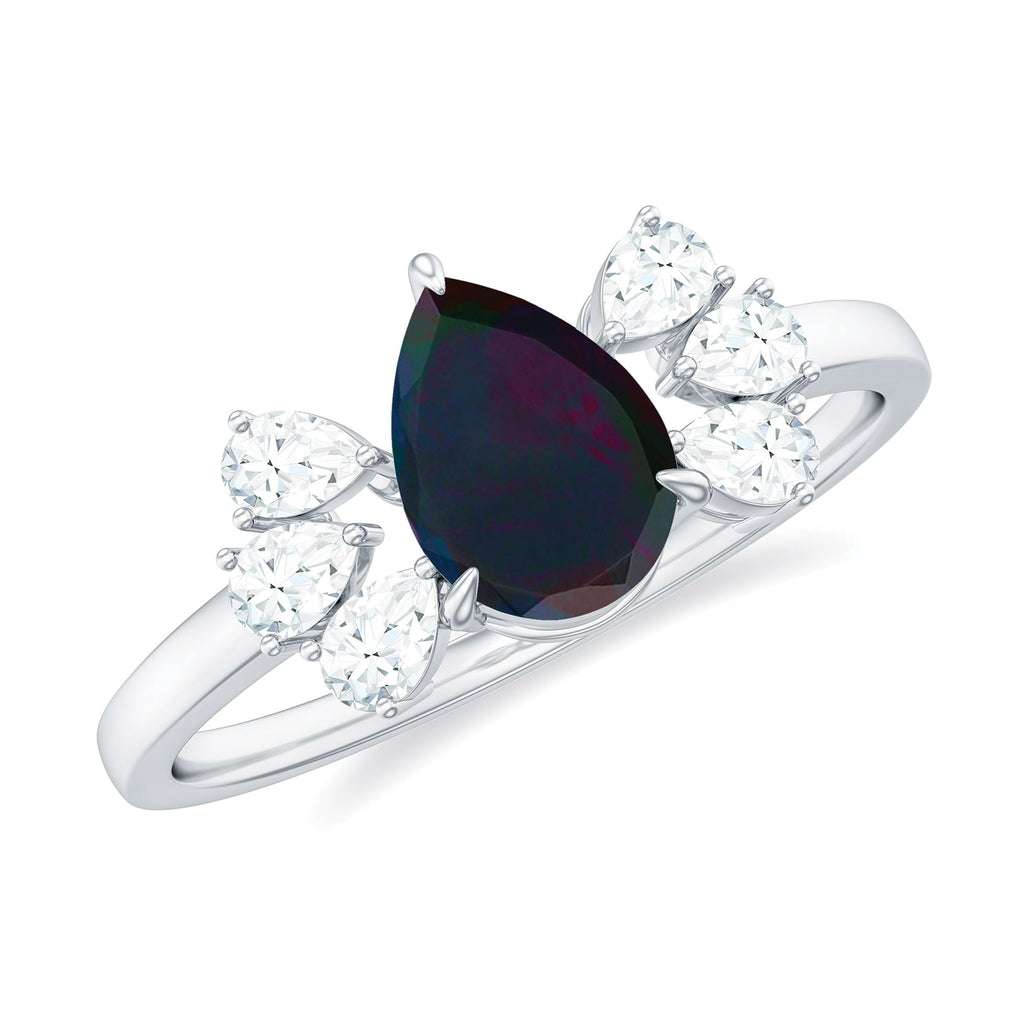 Pear Cut Black Opal Solitaire Engagement Ring with Diamond Trio