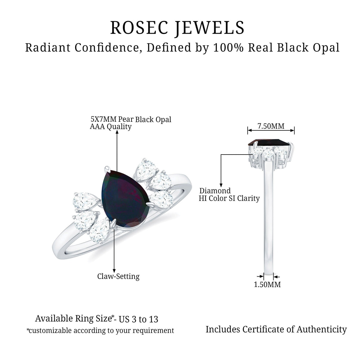 Pear Cut Black Opal Solitaire Engagement Ring with Diamond Trio
