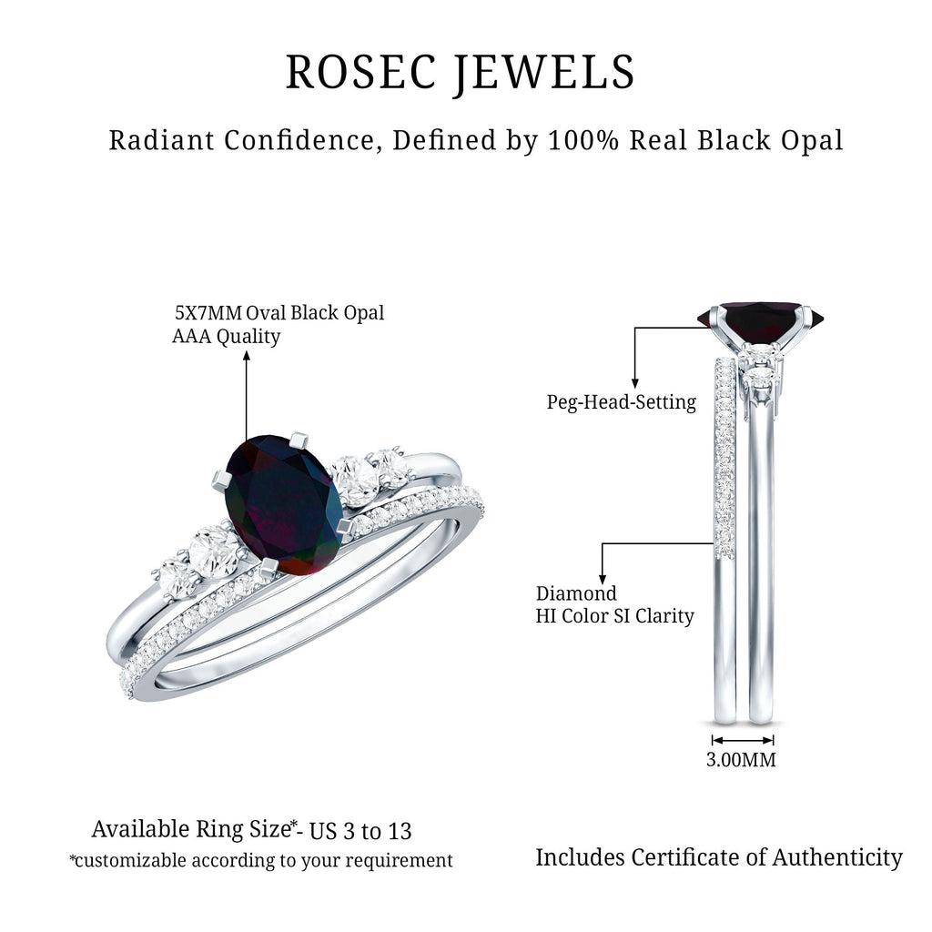0.9 Carat Black Opal and Diamond Oval Wedding Ring Set