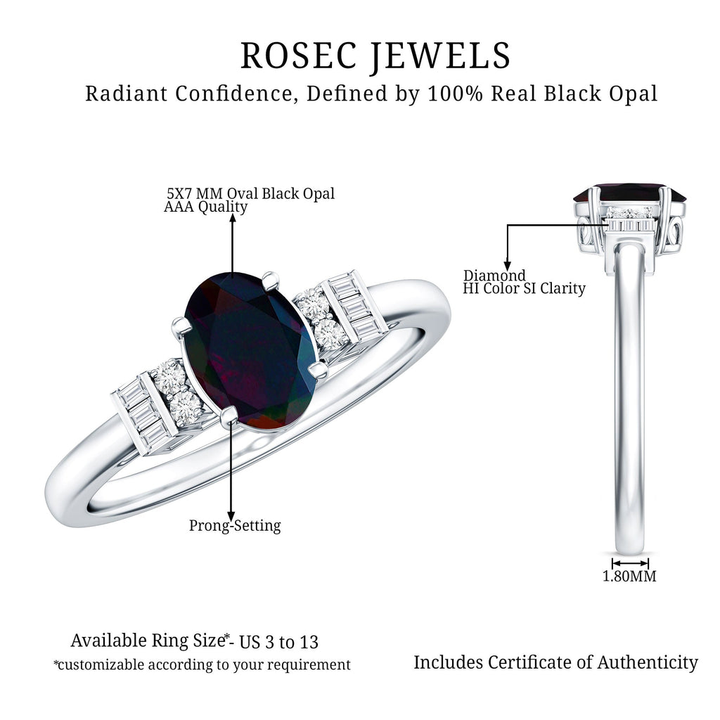 0.9 Carat Oval Cut Black Opal Engagement Ring with Diamond